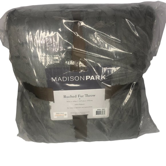 Madison Park GRAY Ultra Soft Ruched Faux Fur Throw Blanket 50X60" - Picture 7 of 8